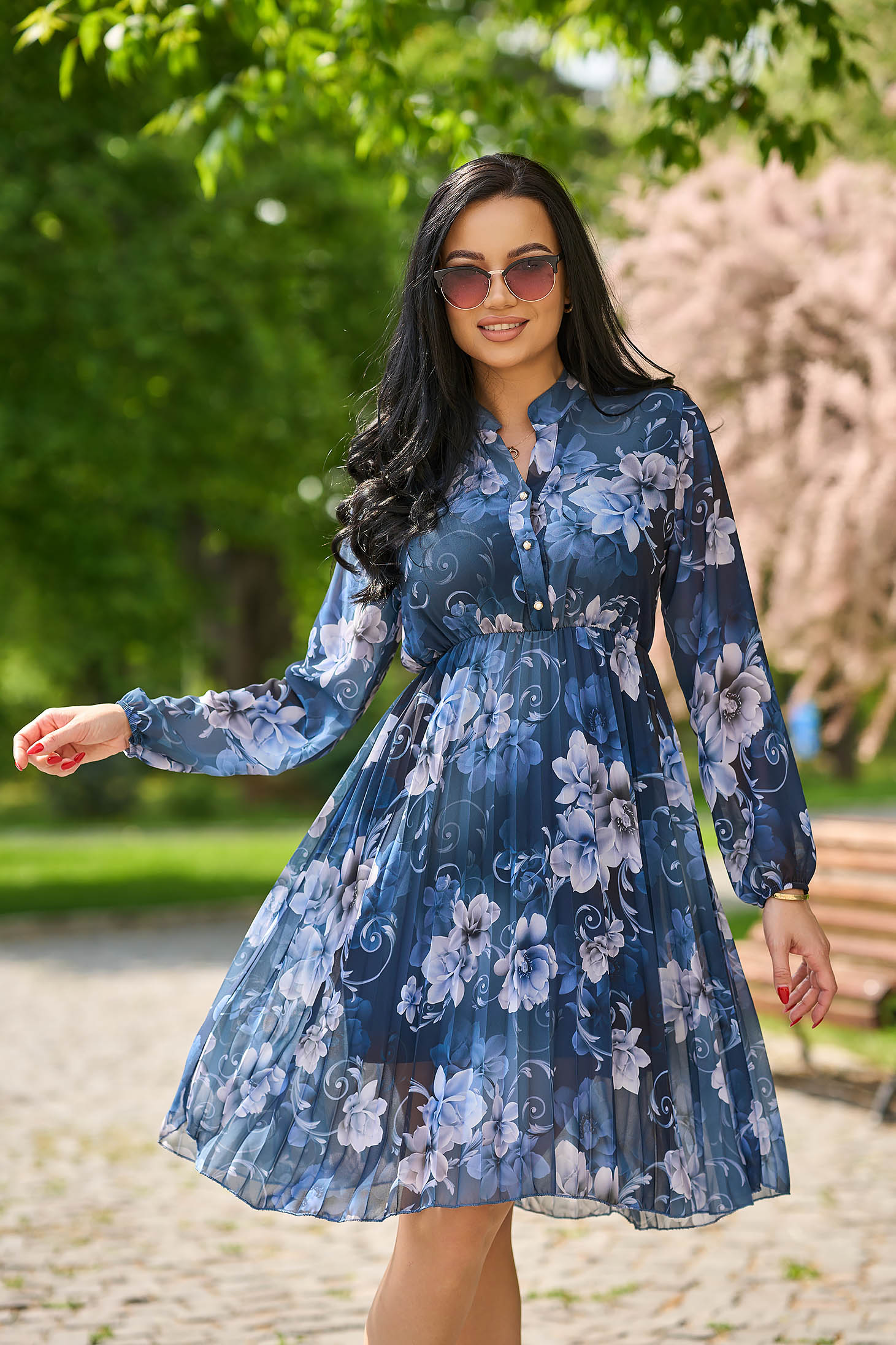 Rochie plisata din voal in clos cu elastic in talie si maneci bufante - SunShine