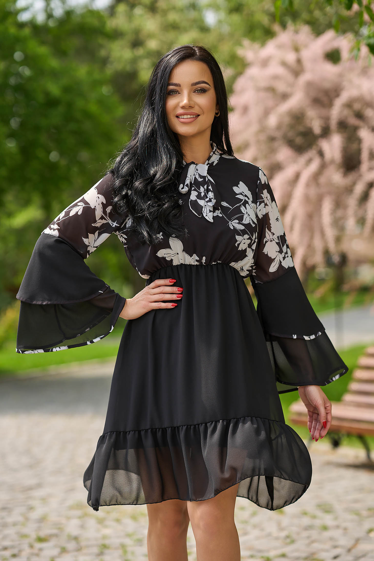 Black dress from veil fabric cloche with elastic waist with ruffled sleeves