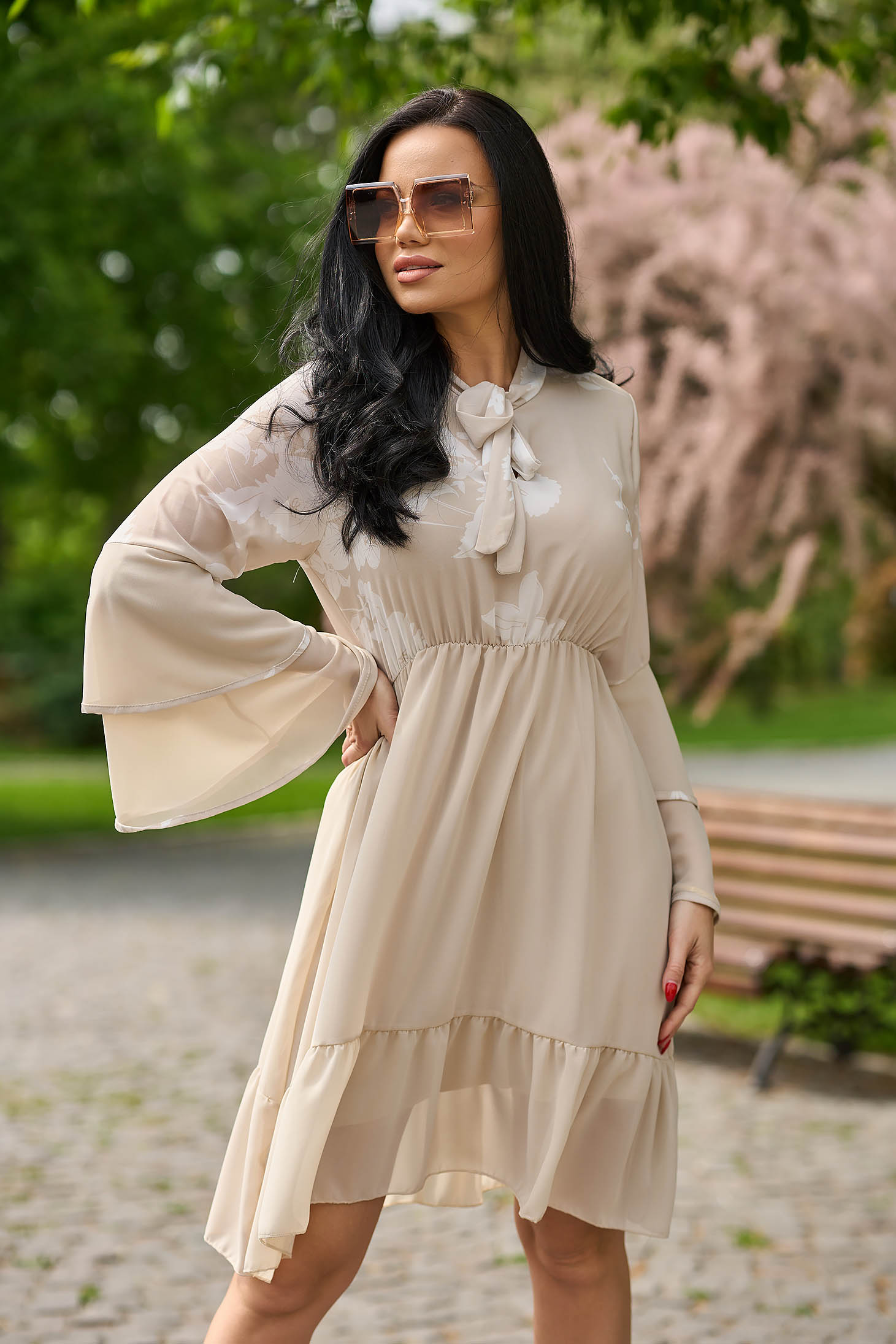 Chiffon Cream Dress in A-line with Elastic Waist and Ruffle Sleeves - SunShine 1 - StarShinerS.com