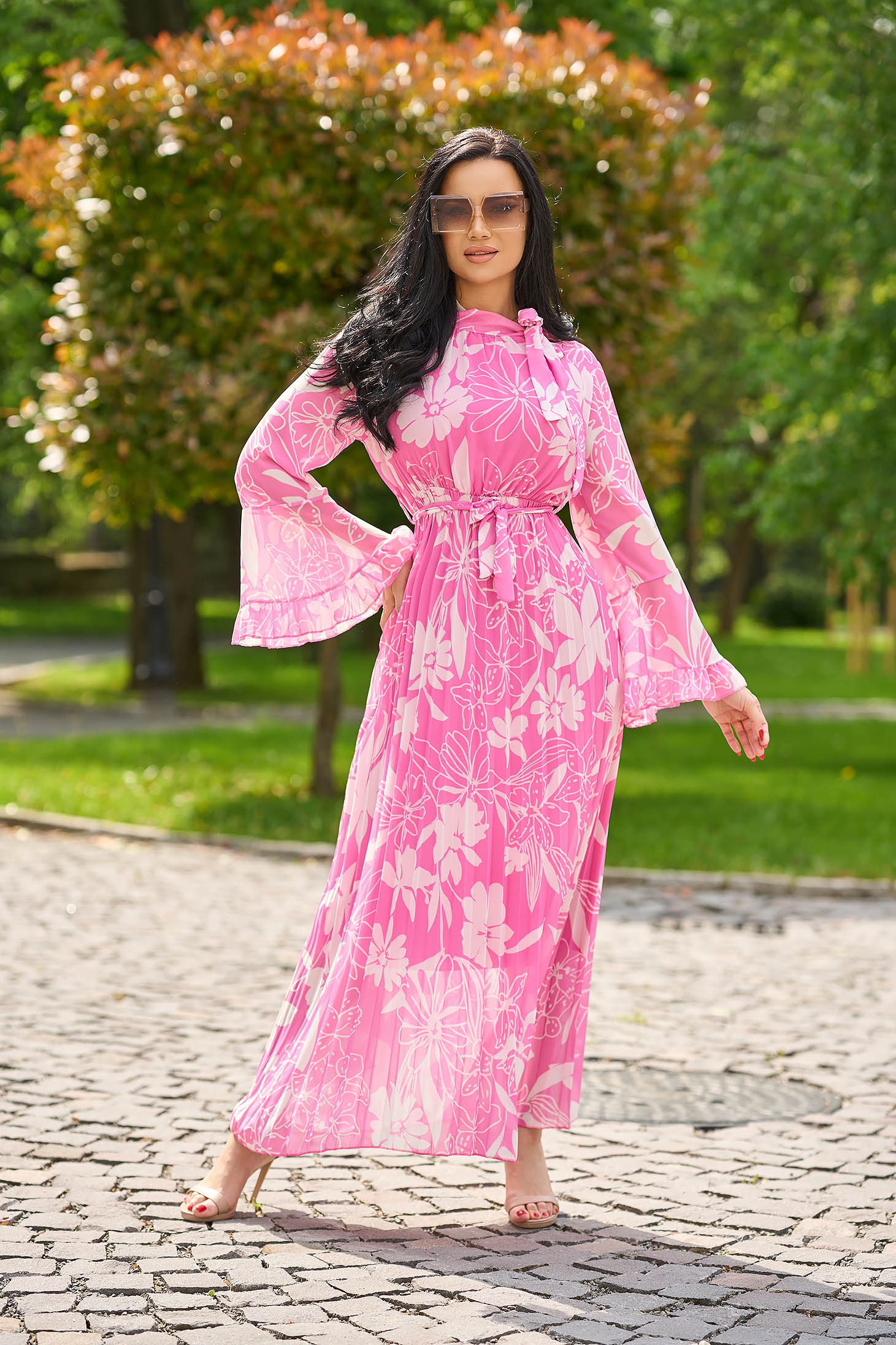 Rochie plisata din voal in clos cu elastic in talie si guler tip esarfa - SunShine