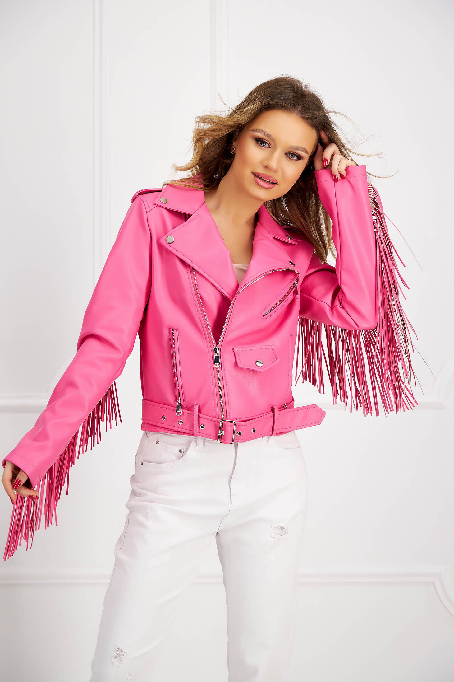 Pink faux leather jacket with a straight cut accessorized with textile fringes - SunShine 1 - StarShinerS.com