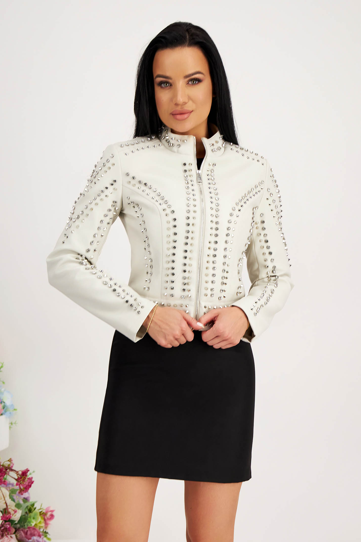 Ivory faux leather jacket with a straight cut, accessorized with metallic studs and stones - SunShine 1 - StarShinerS.com