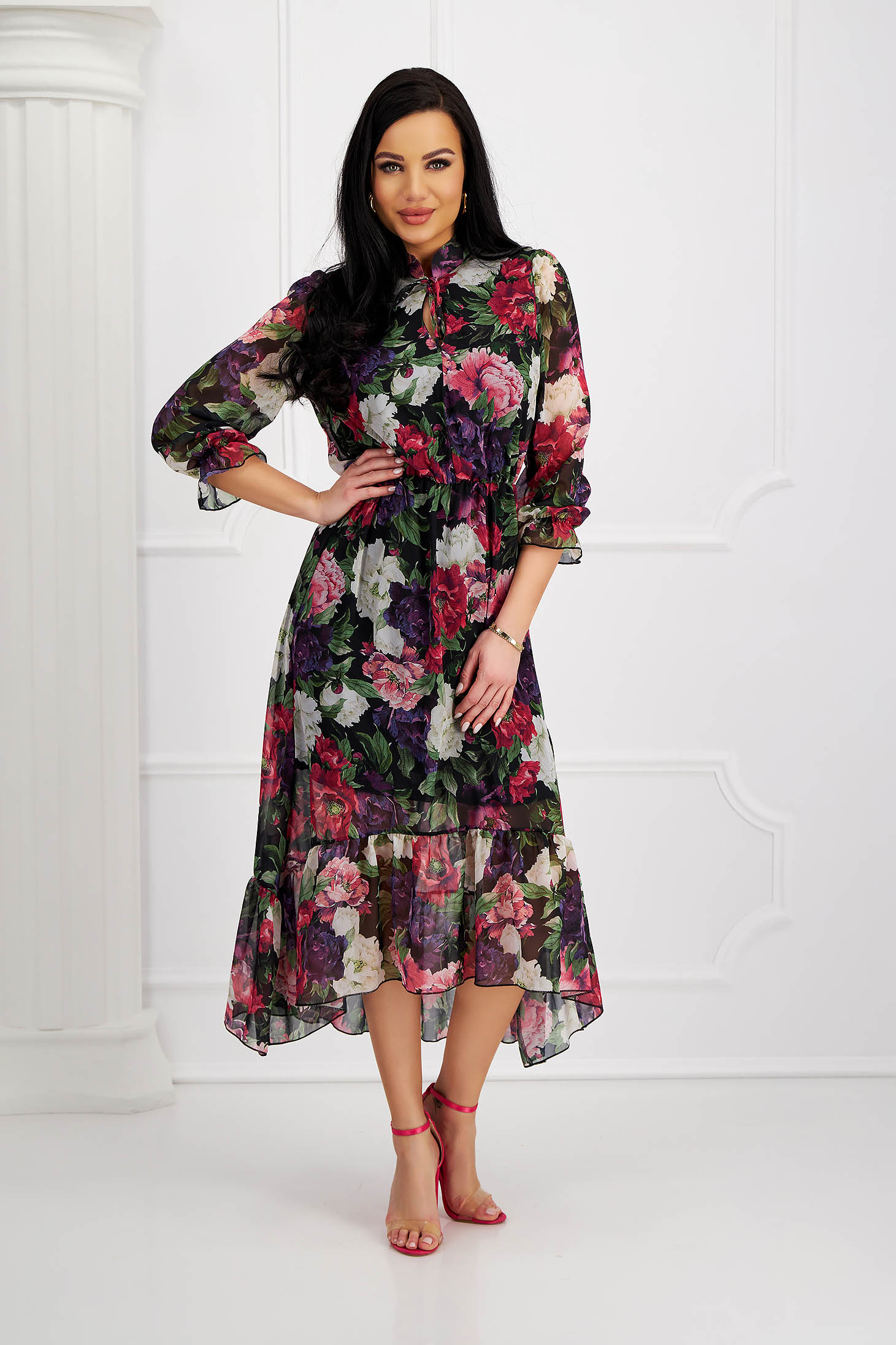 Rochie din voal asimetrica in clos cu elastic in talie si guler tip esarfa - StarShinerS