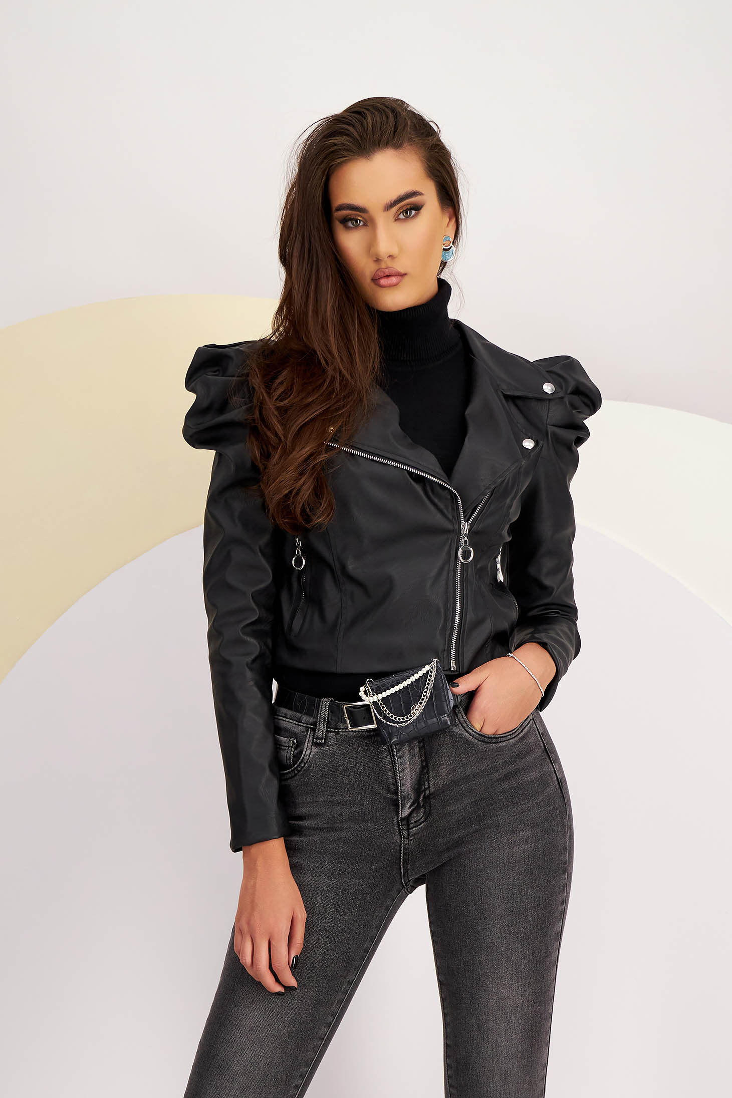 Black Fitted Faux Leather Jacket with Puffed Shoulders - SunShine 1 - StarShinerS.com