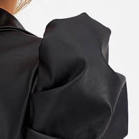 Black Fitted Faux Leather Jacket with Puffed Shoulders - SunShine