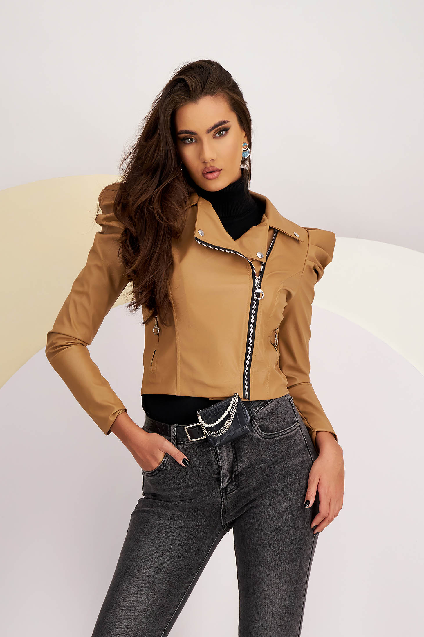 Beige Fitted Faux Leather Jacket with Puffed Shoulders - SunShine 1 - StarShinerS.com