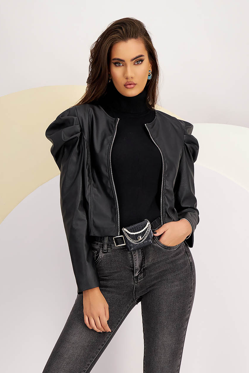 Black Fitted Eco-Leather Jacket with Puffed Shoulders - SunShine 1 - StarShinerS.com