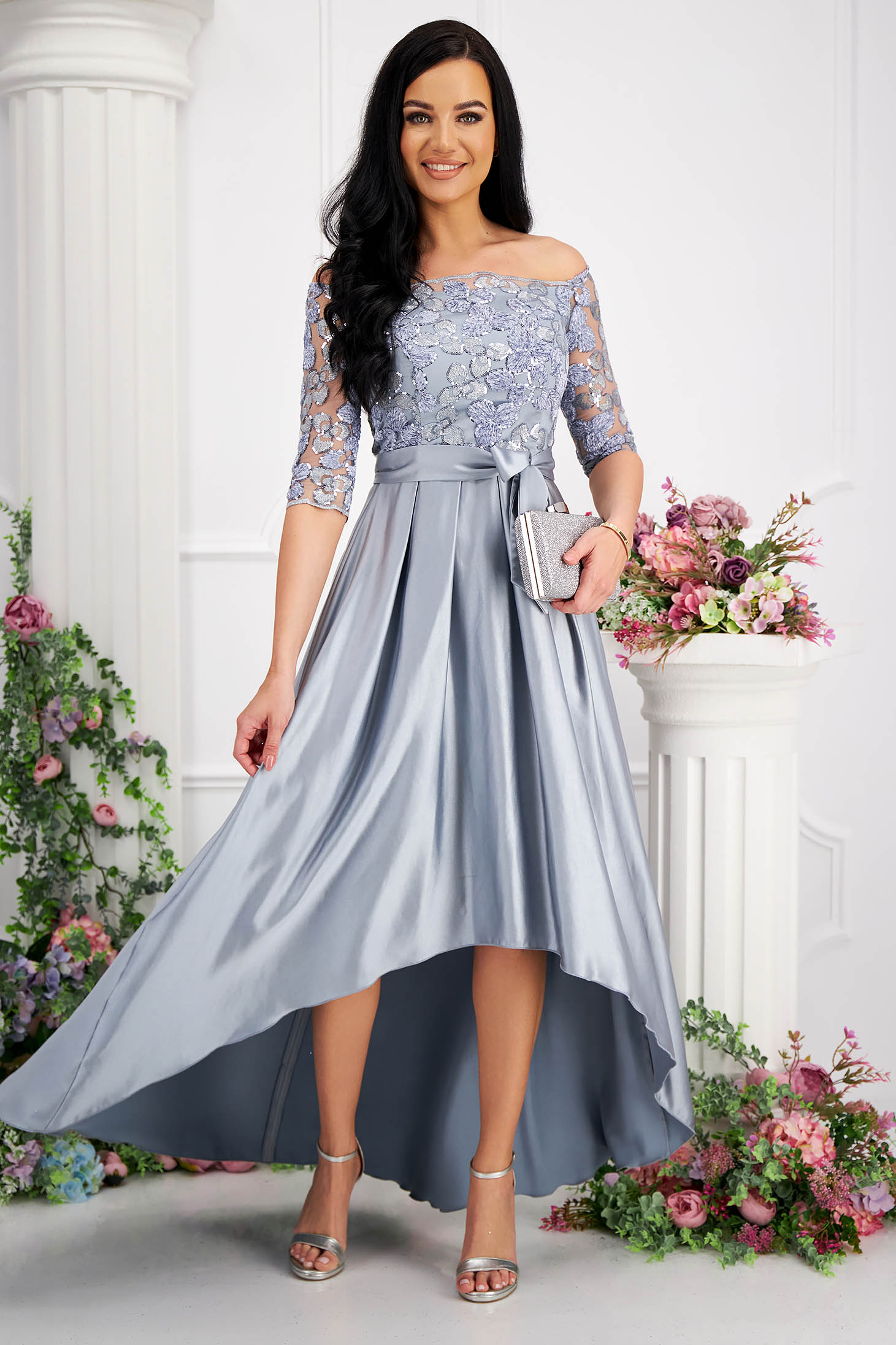 Asymmetrical grey satin dress in A-line with bare shoulders and lace and sequin applications - StarShinerS