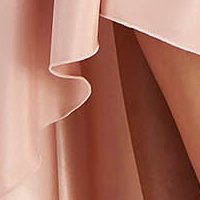 Rochie din satin roz pudra asimetrica in clos cu umeri goi si aplicatii cu dantela si paiete - StarShinerS