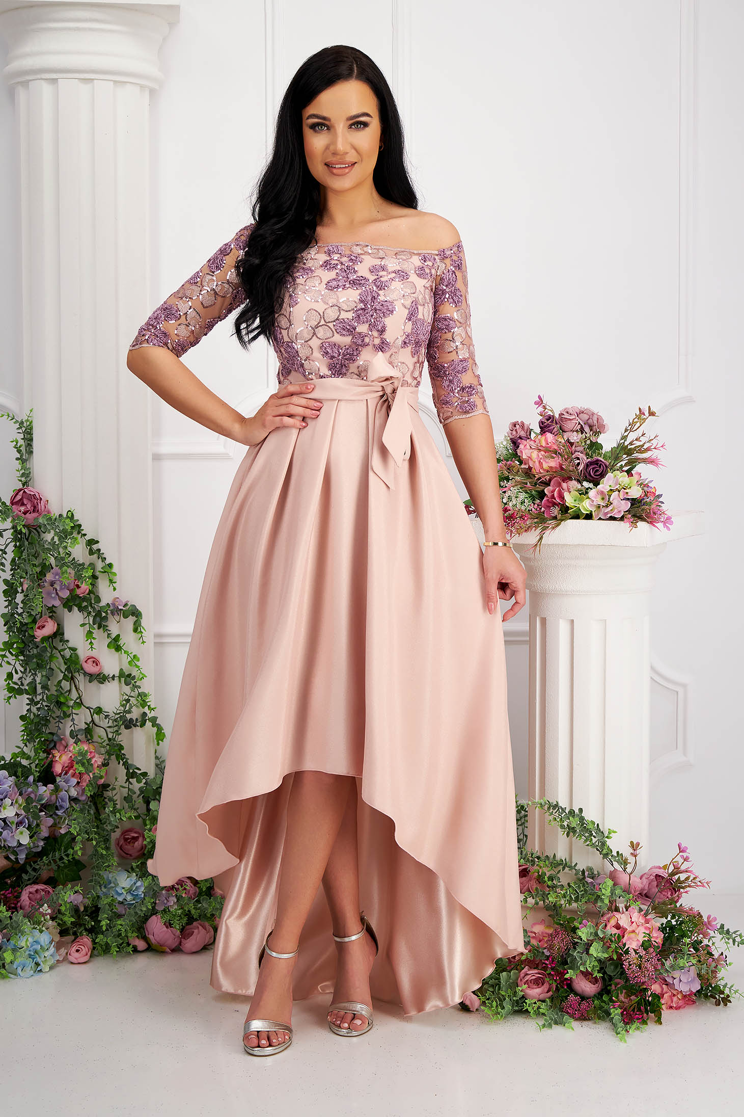 Powder pink - StarShinerS asymmetrical cloche dress from satin off-shoulder lace and sequins details