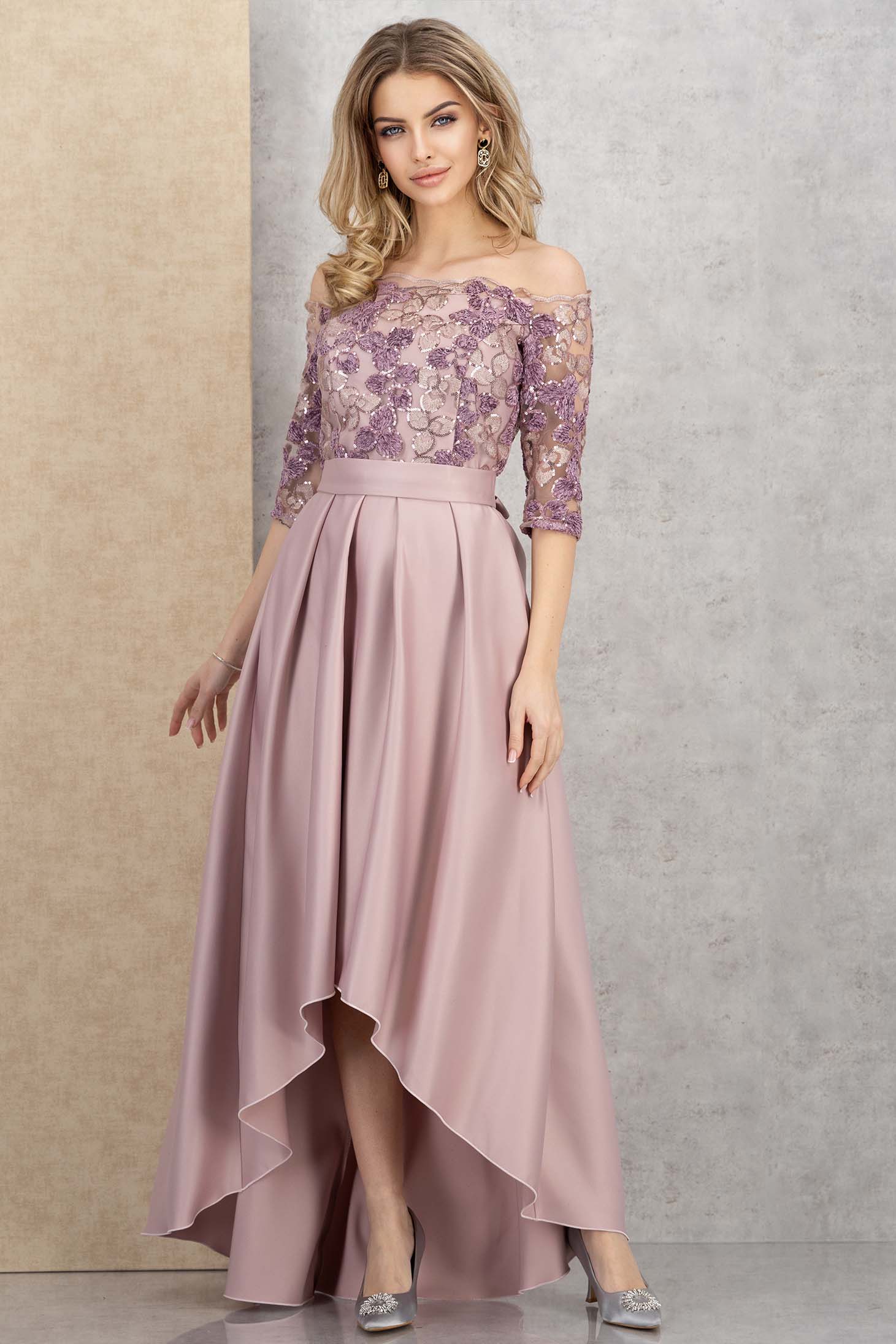 Púder rózsaszín szatén harang aszimetrikus ruha, váll nélküli 1 - StarShinerS.hu