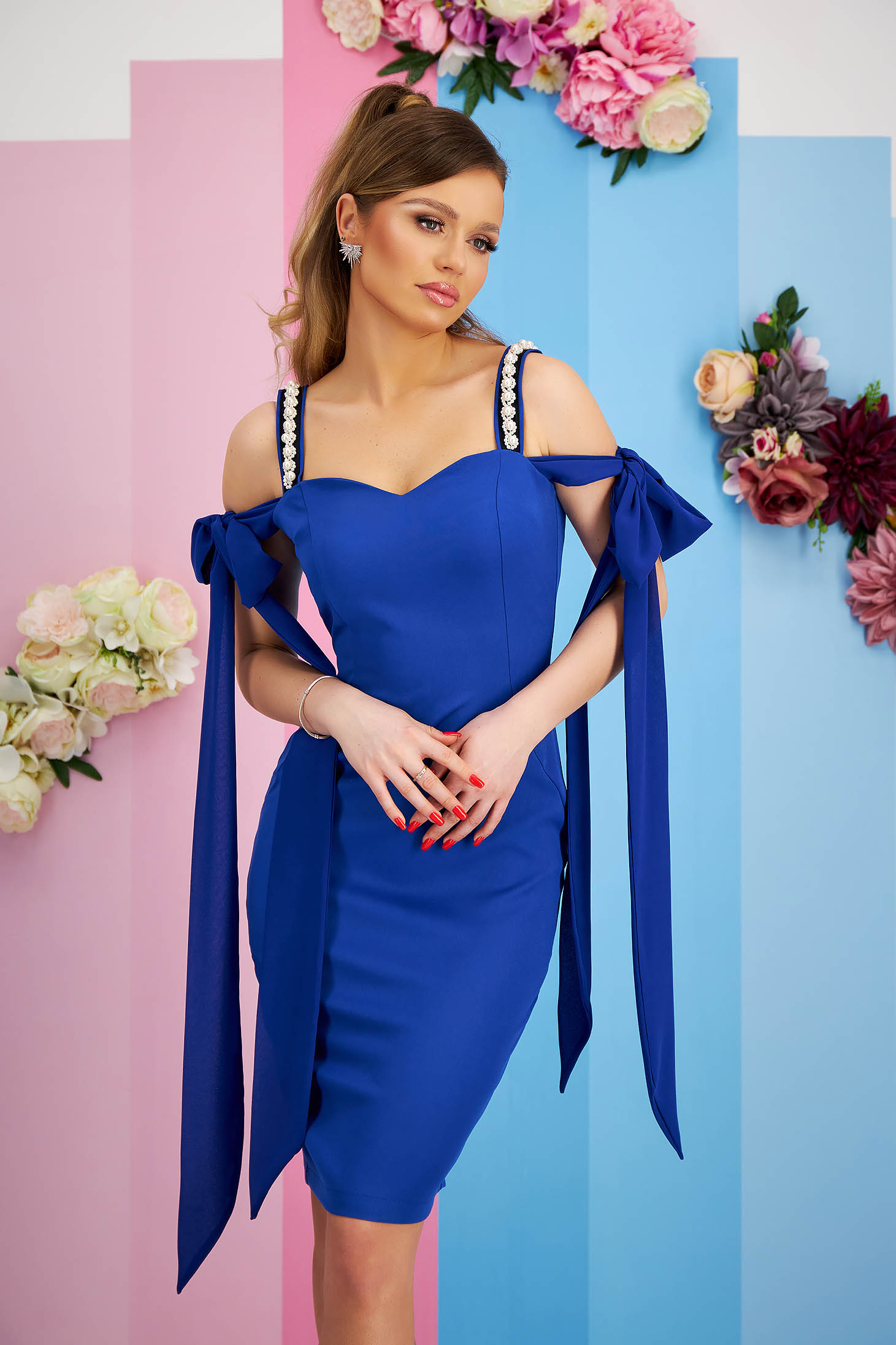 - StarShinerS blue dress elastic cloth midi pencil with pearls