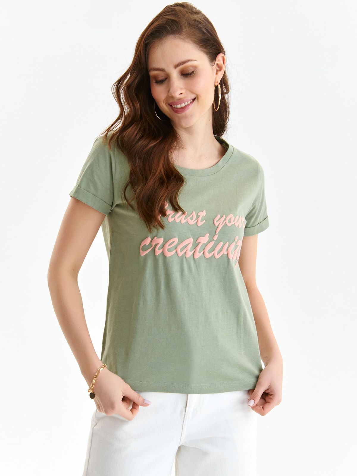 Khaki t-shirt cotton loose fit with rounded cleavage