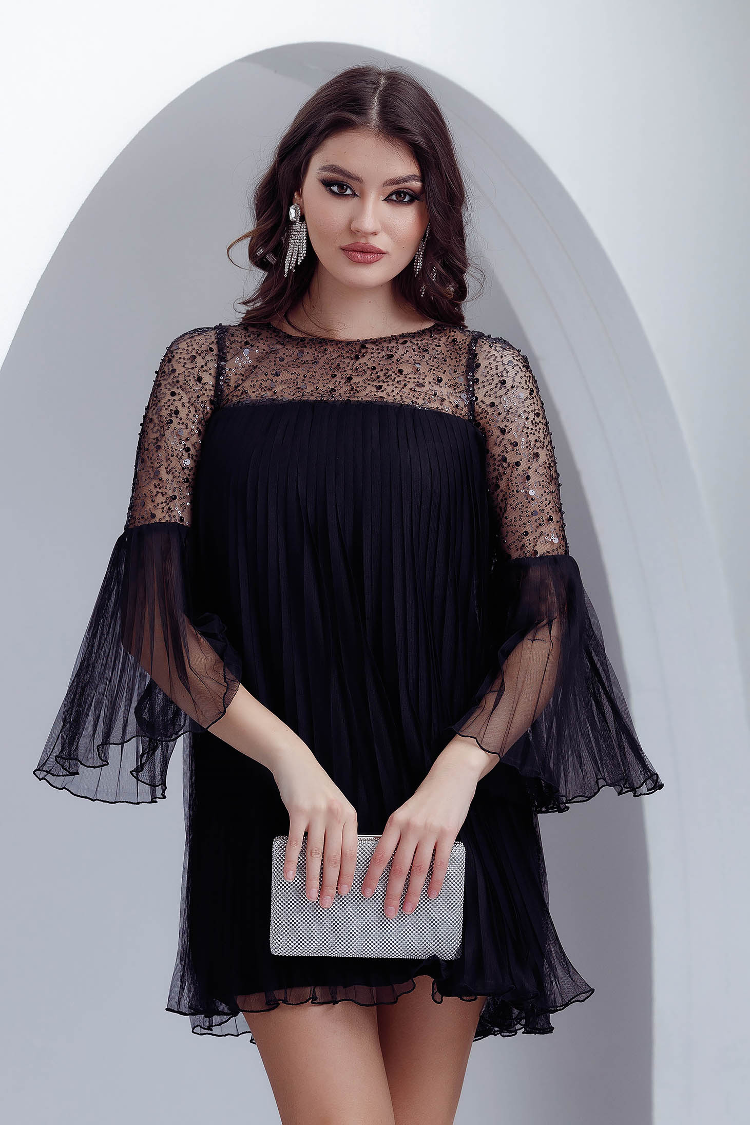 Black dress from tulle short cut loose fit pleated