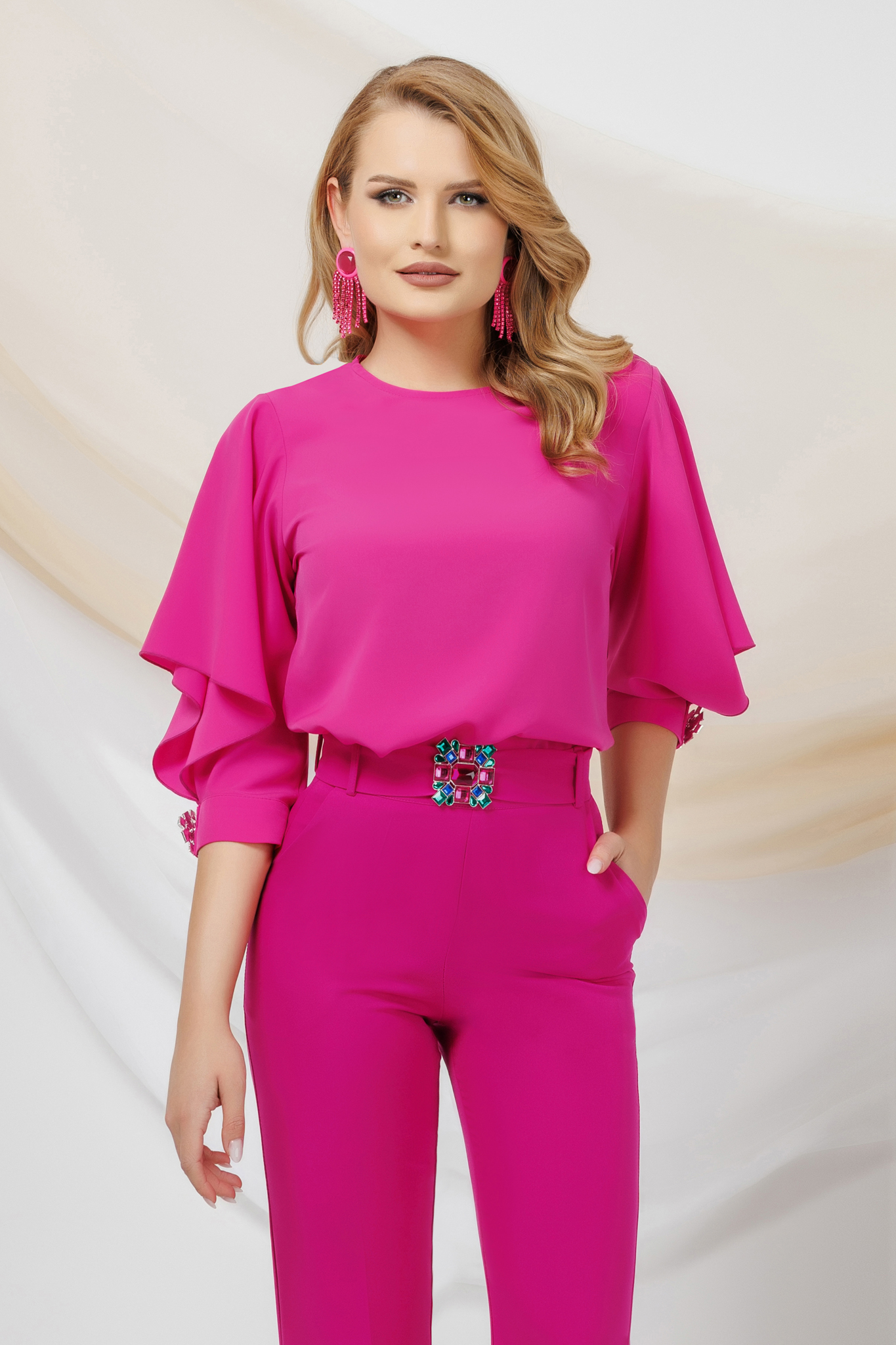 Fuchsia women`s blouse from veil fabric loose fit with cut-out sleeves shoulder detail