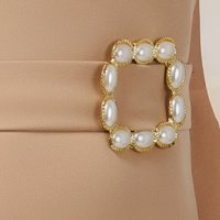 Rochie din stofa elastica nude tip creion cu guler inalt si aplicatii cu perle - PrettyGirl