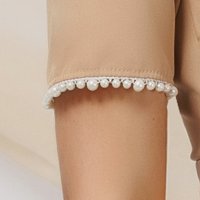 Rochie din stofa elastica nude tip creion cu guler inalt si aplicatii cu perle - PrettyGirl