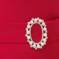 Rochie din stofa elastica rosie tip creion cu maneci bufante si aplicatii cu perle - PrettyGirl