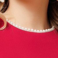 Rochie din stofa elastica rosie tip creion cu maneci bufante si aplicatii cu perle - PrettyGirl