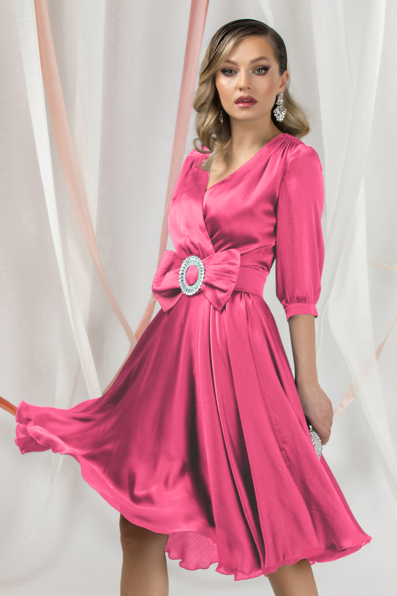 Pink Satin Midi Flared Dress with Crossover Neckline - PrettyGirl 1 - StarShinerS.com