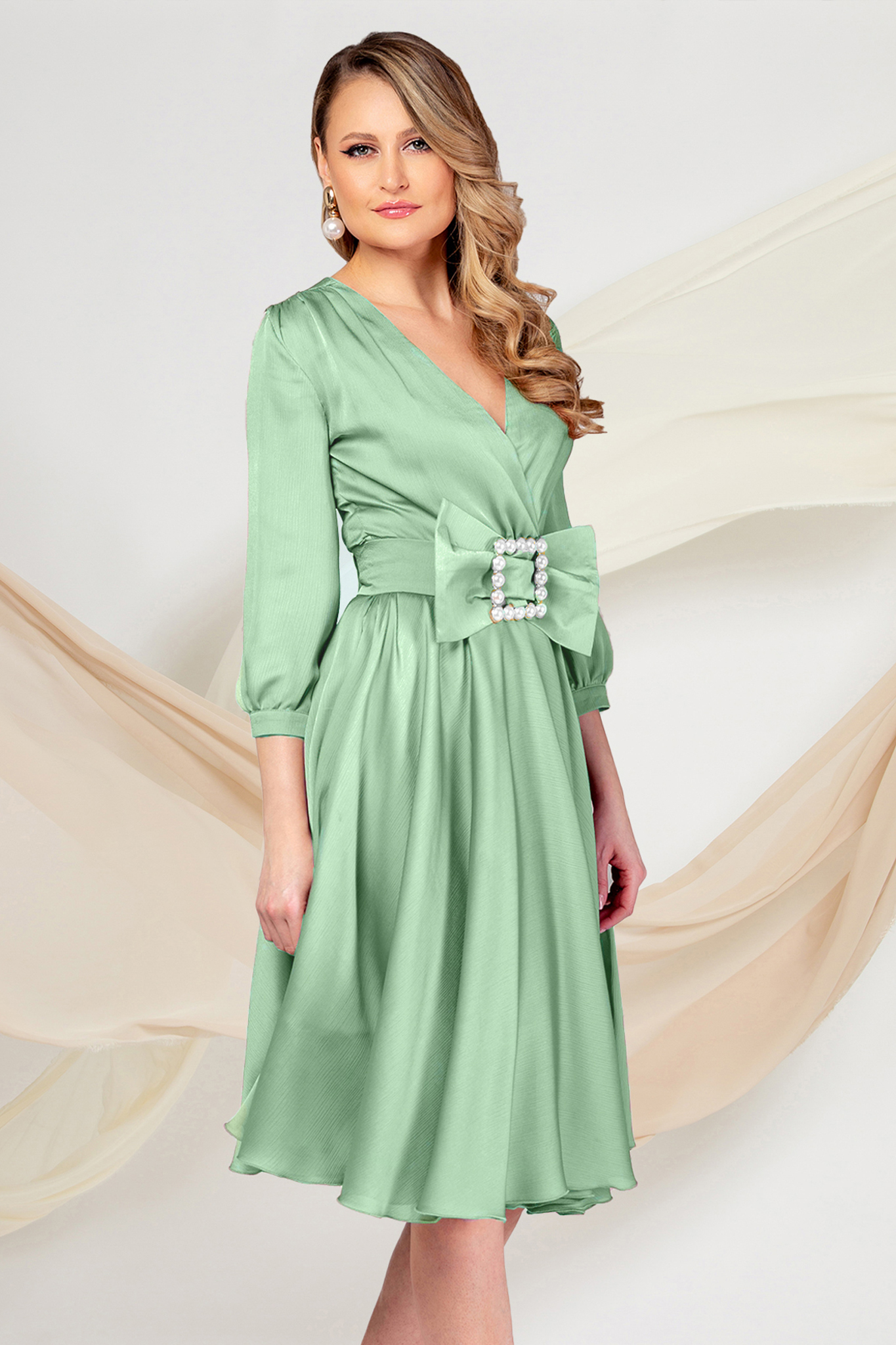 Mint Veil Midi Dress in A-Line with Crossover Neckline - PrettyGirl