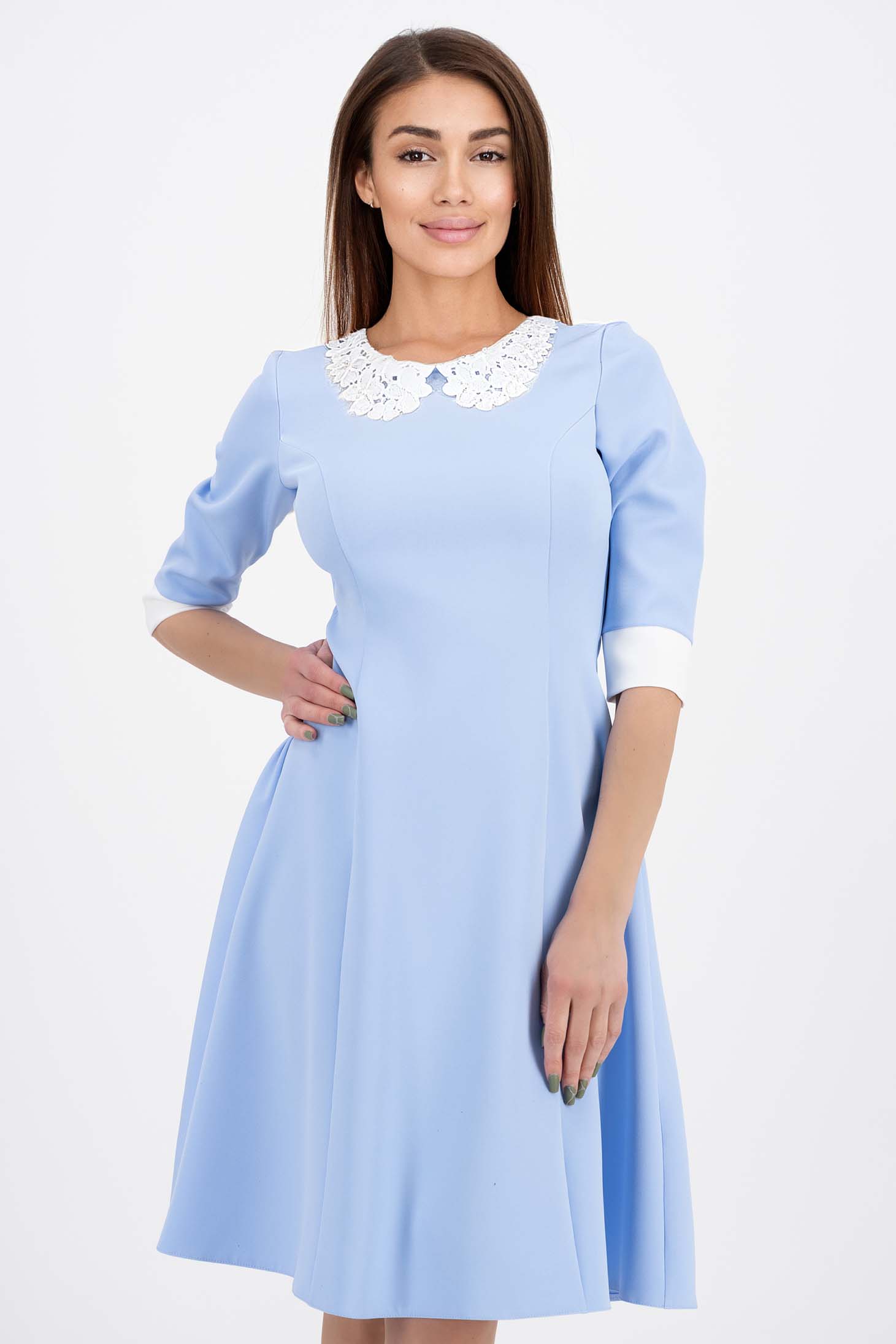 Rochie din stofa usor elastica albastru-deschis in clos cu guler decorativ - StarShinerS 1 - StarShinerS.ro