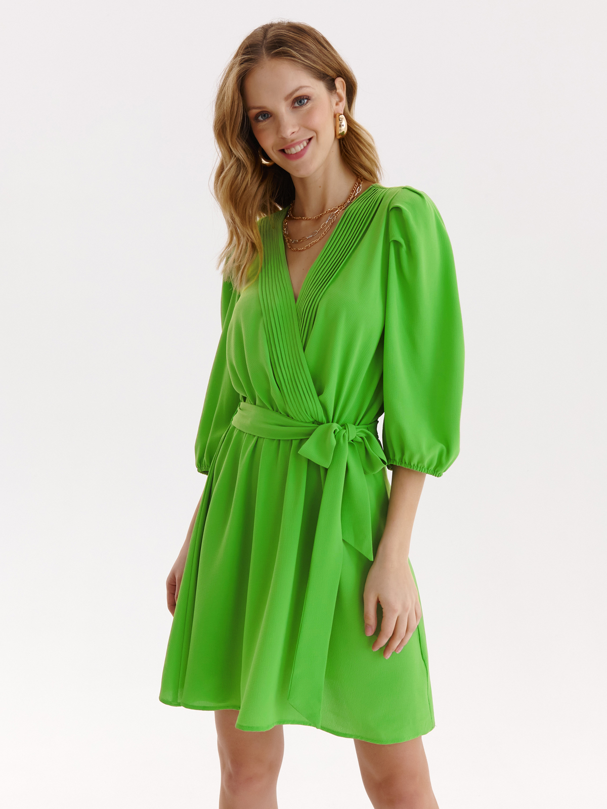 Rochie din material subtire verde scurta in clos cu elastic in talie si maneci bufante - Top Secret