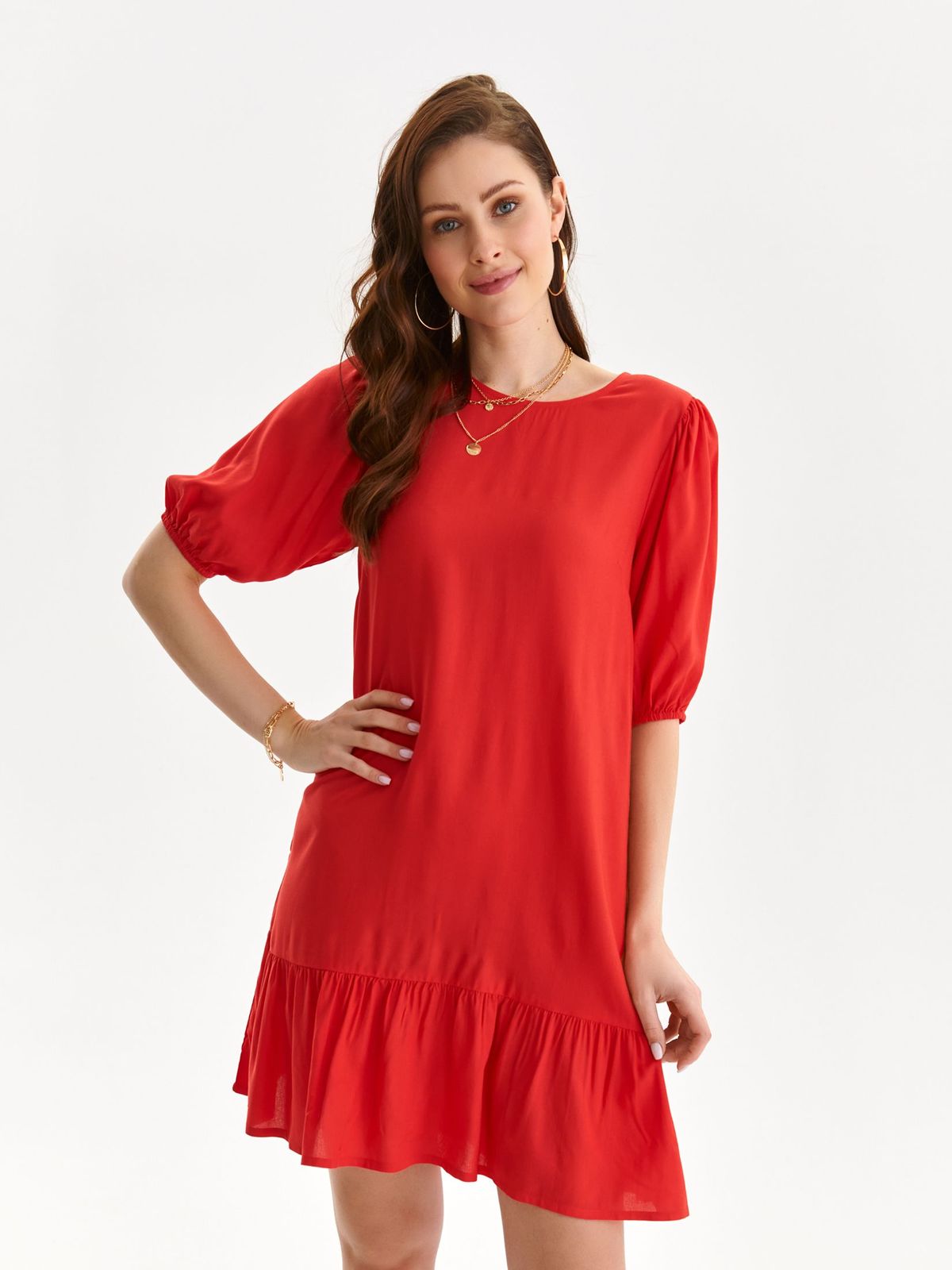 Red dress short cut loose fit thin fabric with puffed sleeves