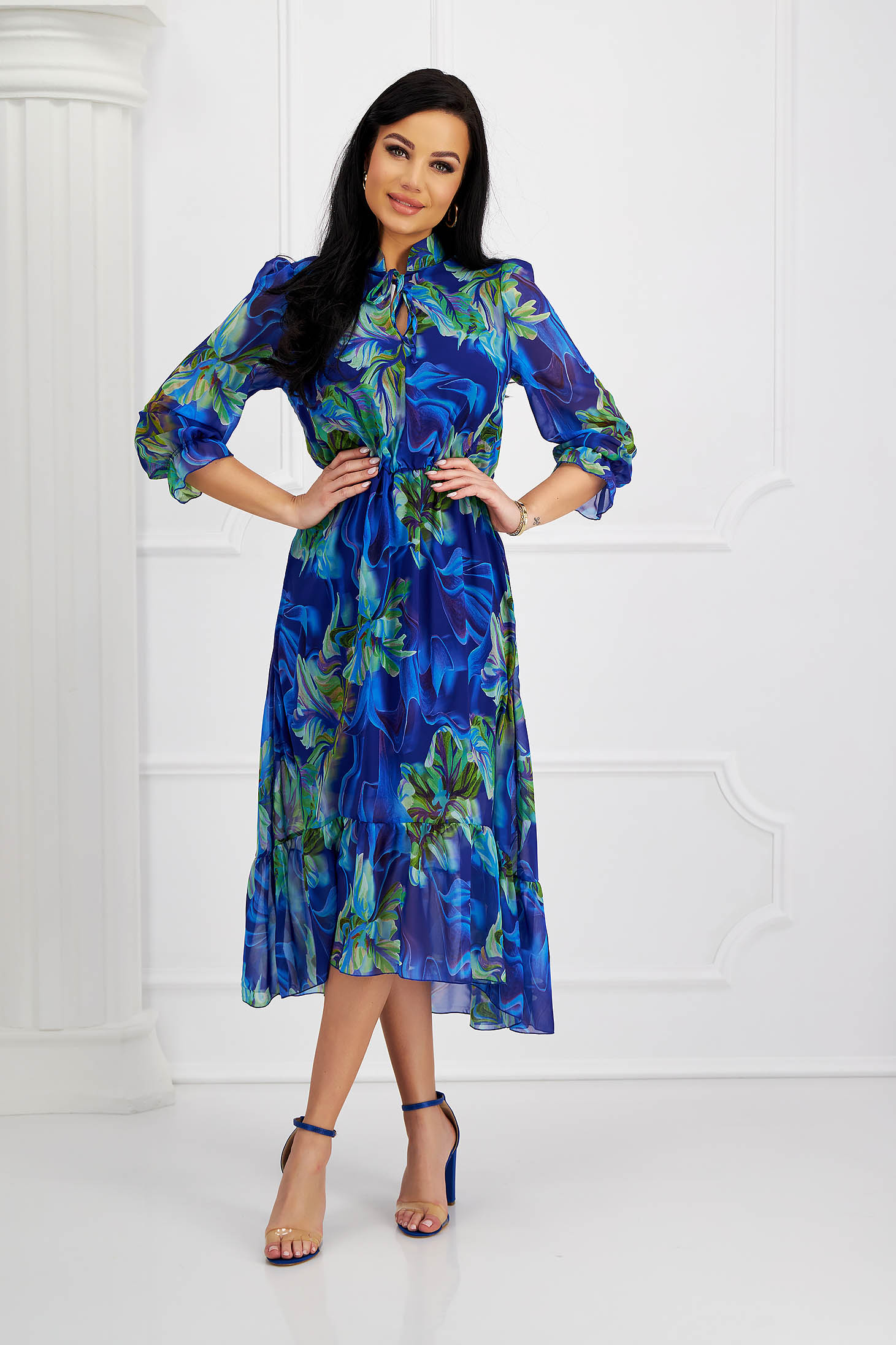 Asymmetric chiffon dress in flared style with elastic waist and scarf-type collar - StarShinerS