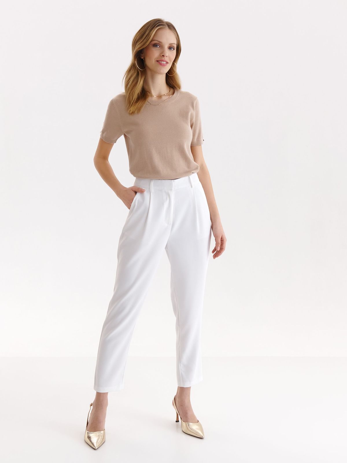 White trousers conical high waisted thin fabric lateral pockets 1 - StarShinerS.com