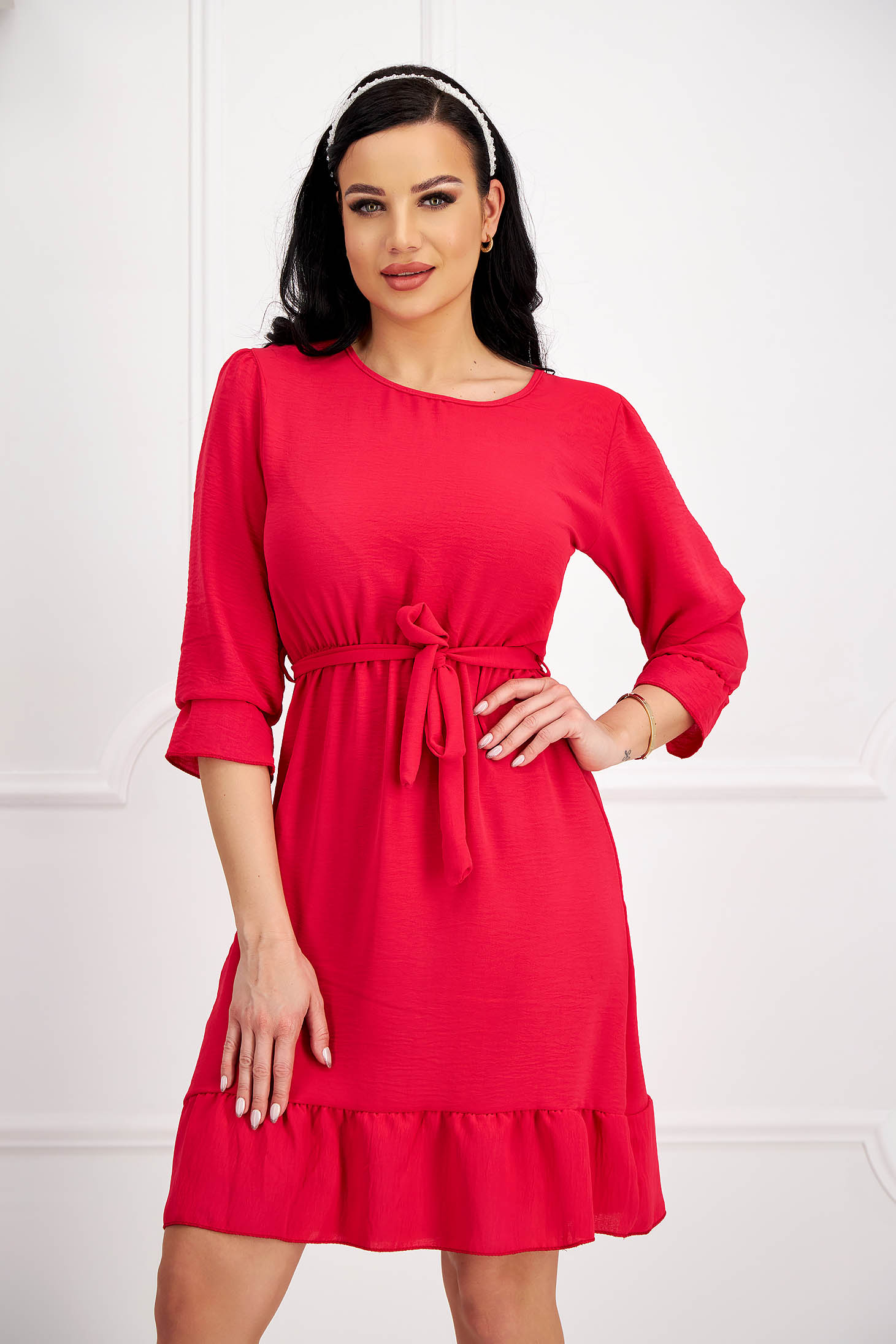 Neon Pink Georgette Dress in A-line with Elastic Waist and Detachable Belt - Lady Pandora 1 - StarShinerS.com