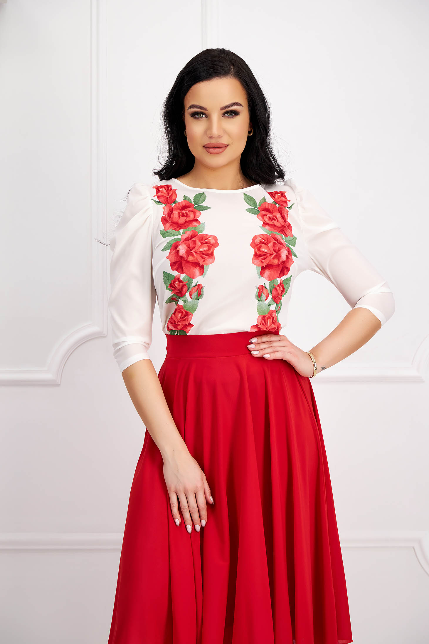- StarShinerS red women`s blouse from veil fabric slightly elastic fabric with floral print tented