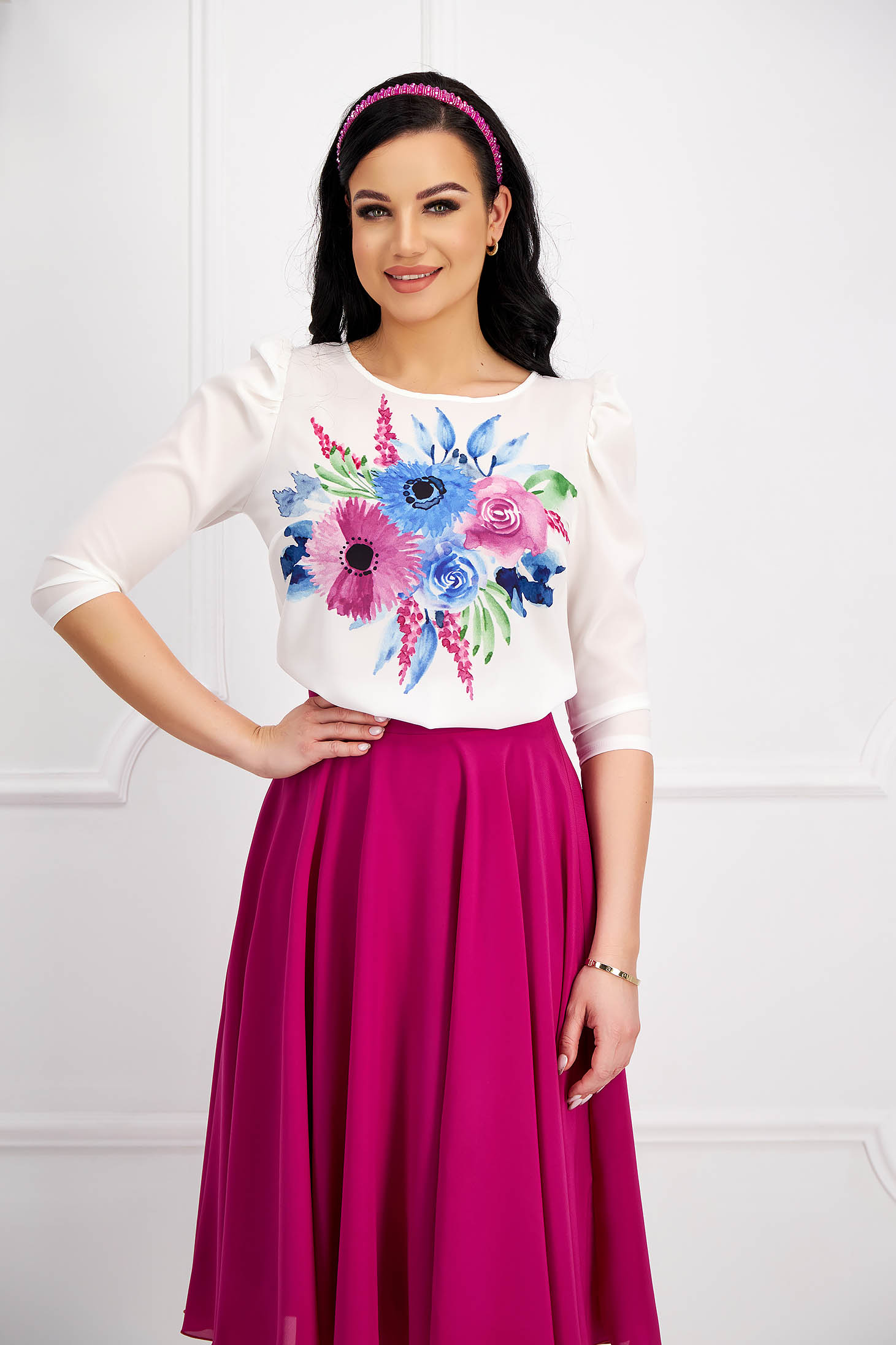 - StarShinerS blue women`s blouse from veil fabric slightly elastic fabric with floral print tented