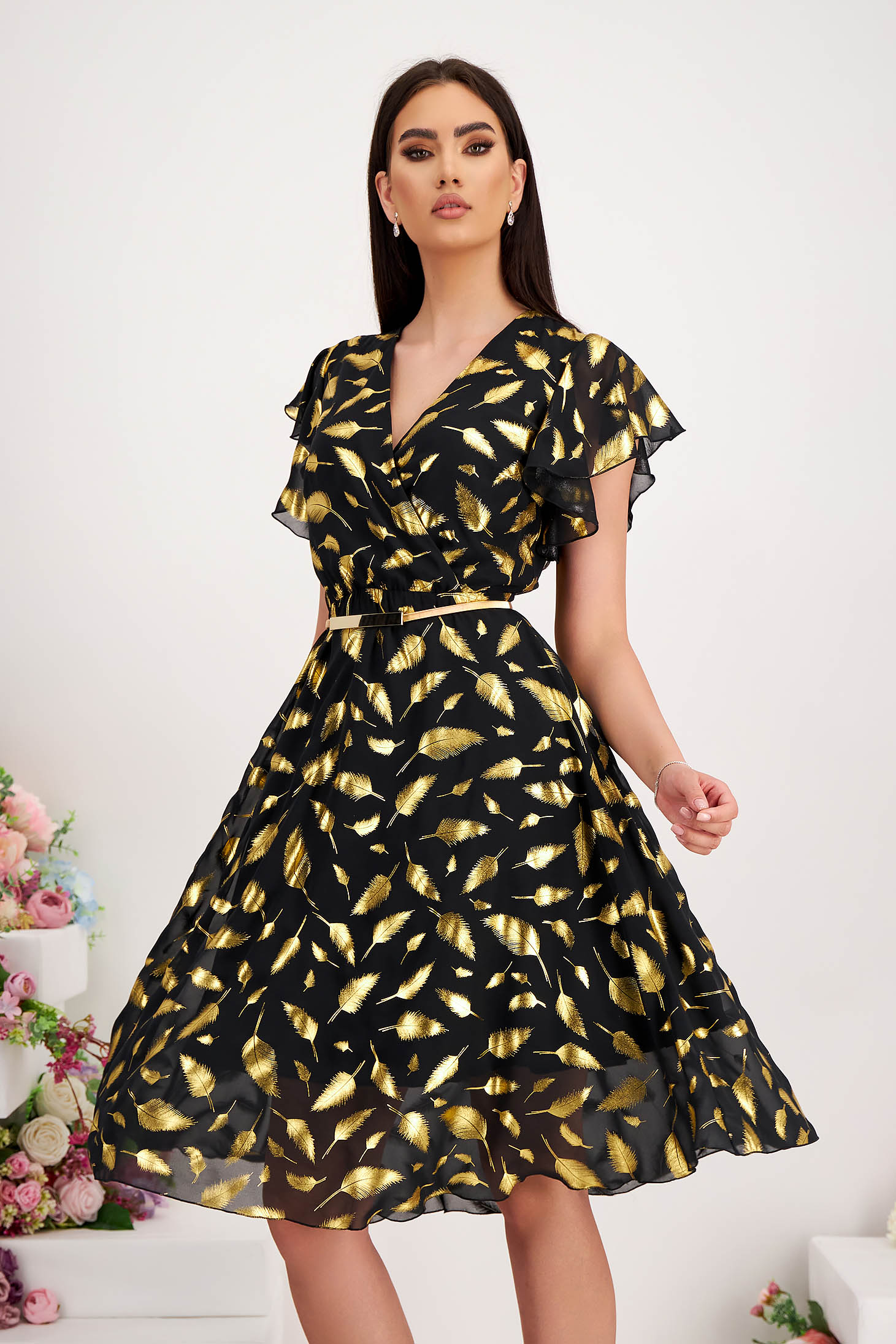 - StarShinerS dress from veil fabric midi cloche with elastic waist accessorized with belt
