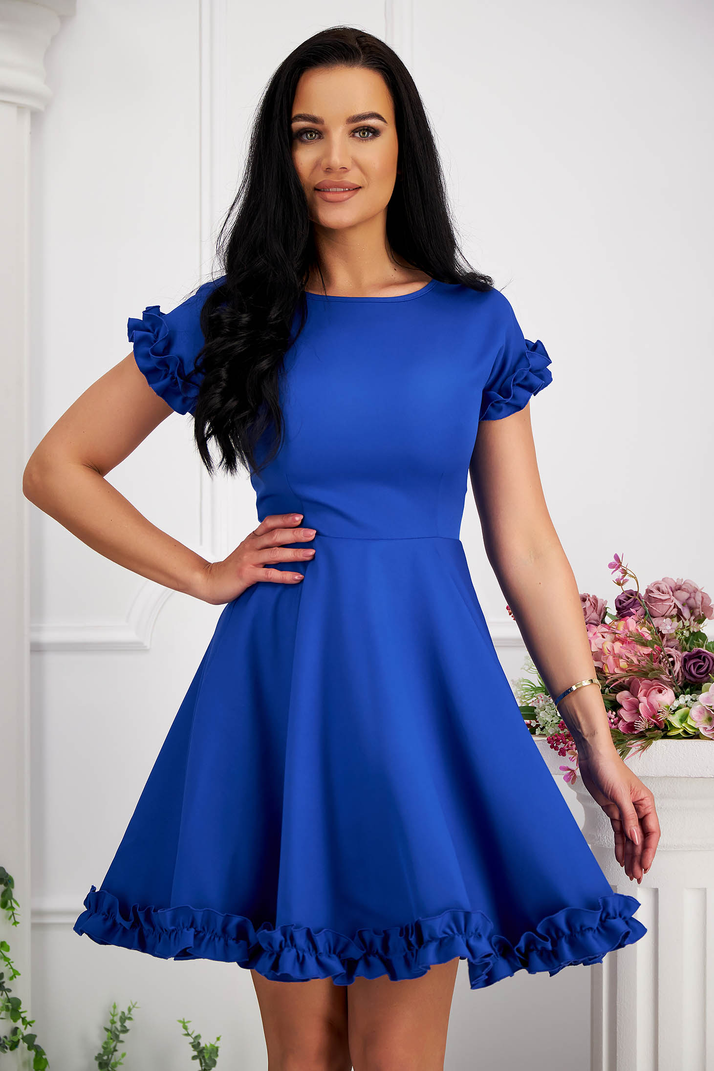 Blue Short Elastic Fabric Dress with Ruffles - StarShinerS 1 - StarShinerS.com