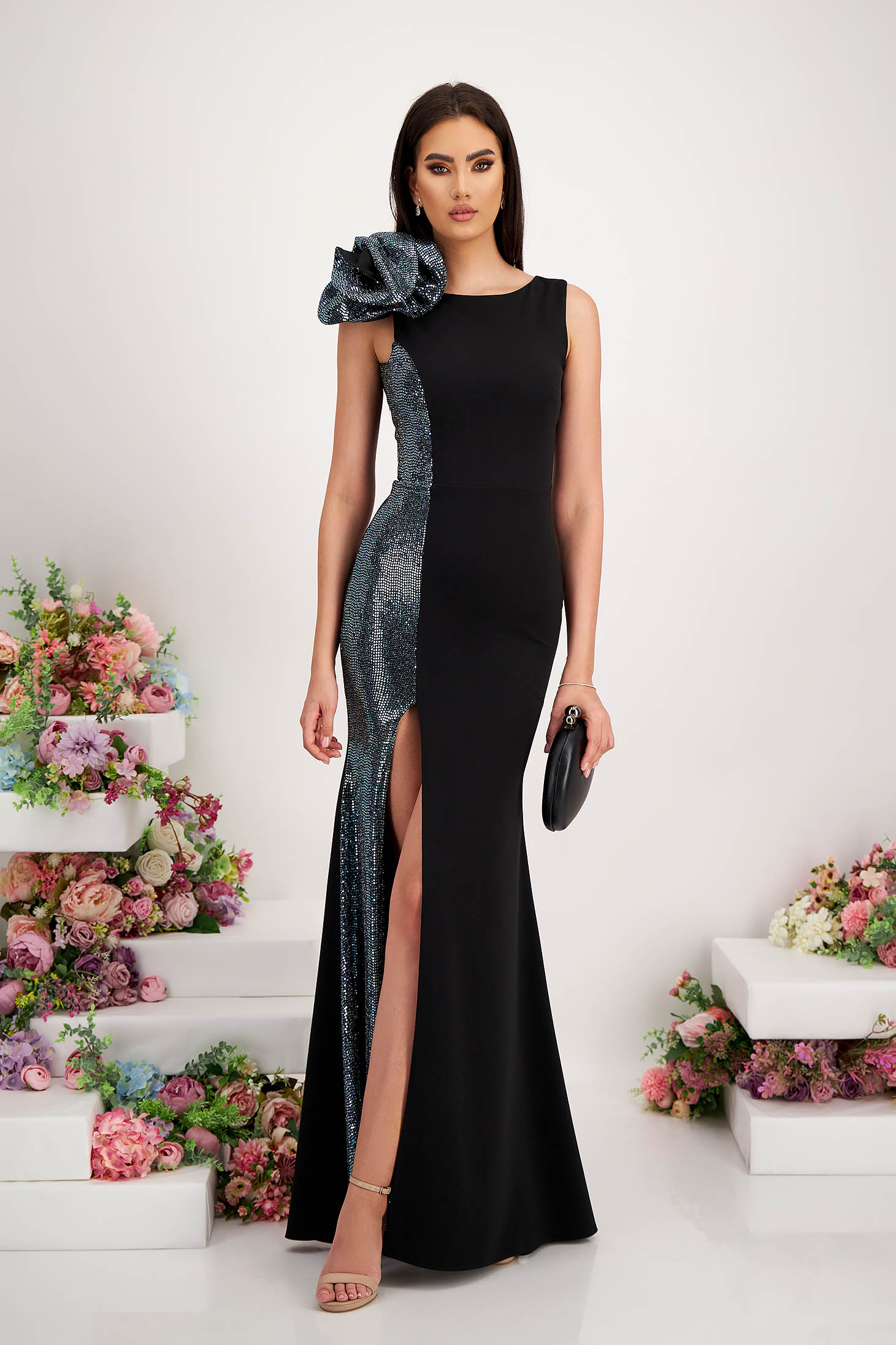 Rochie tip sirena din crep si paiete cu detaliu pe umar - StarShinerS 1 - StarShinerS.ro