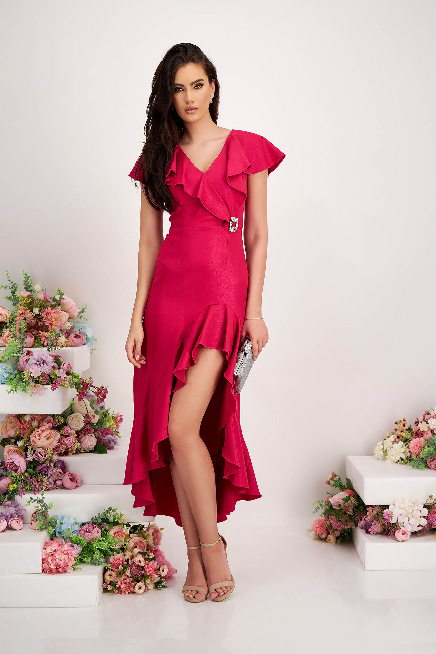 Asymmetric fuchsia elastic fabric dress with ruffles and v-neckline - StarShinerS 1 - StarShinerS.com