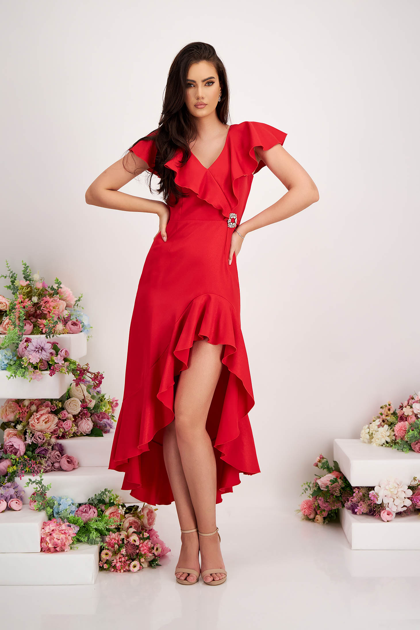 Red Asymmetric Elastic Fabric Dress with Ruffles and V-Neckline - StarShinerS 1 - StarShinerS.com