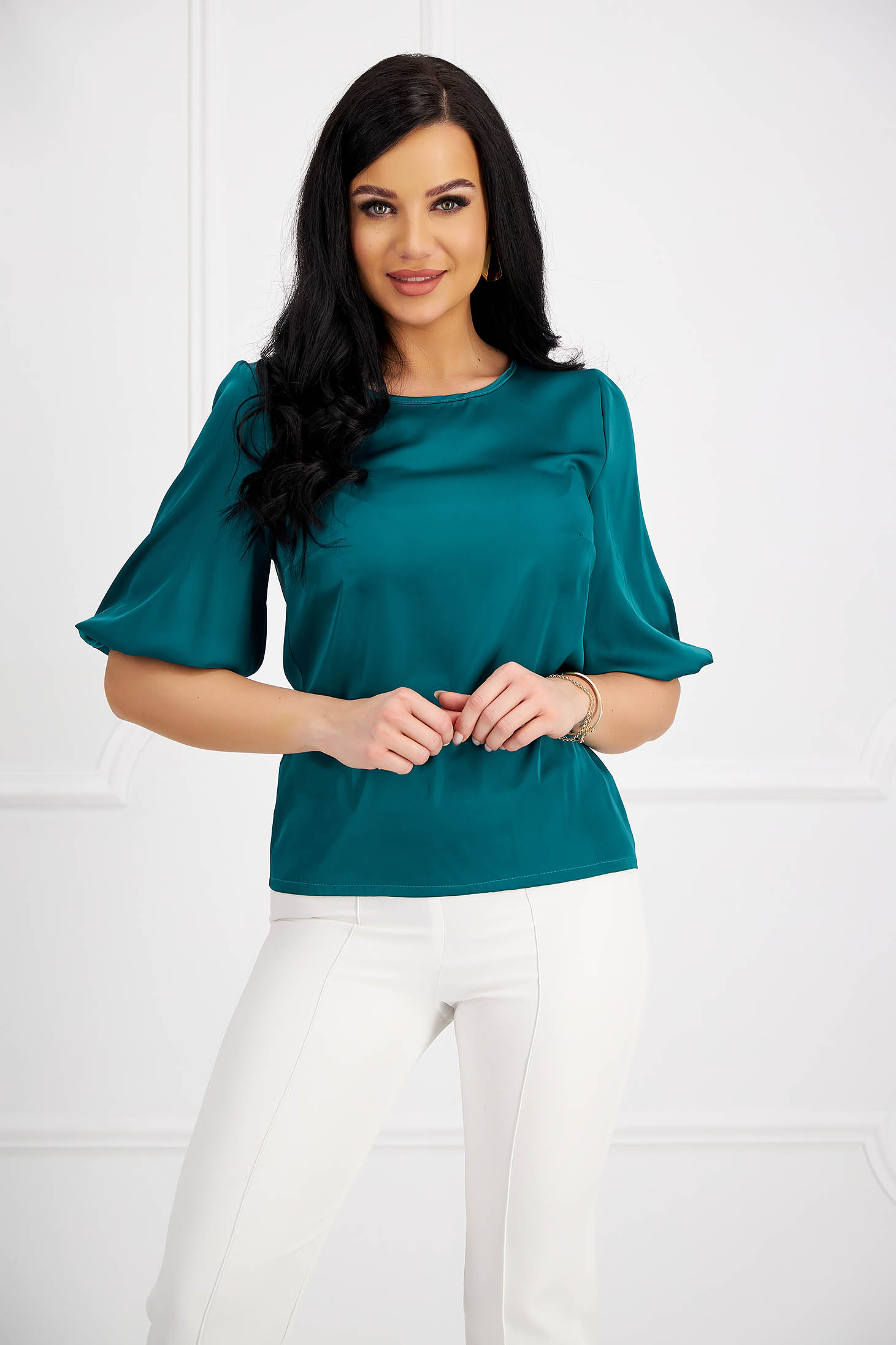 Women's green satin blouse with loose fit and decorative buttons on the cuffs - StarShinerS 1 - StarShinerS.com