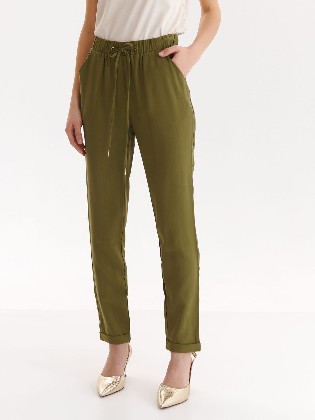 Pantaloni din material subtire verde conici cu elastic in talie si buzunare laterale - Top Secret
