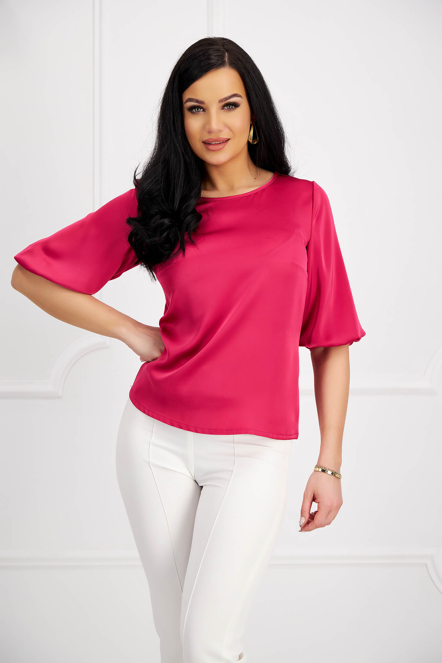 Raspberry satin ladies blouse with wide cut and decorative buttons on cuffs - StarShinerS 1 - StarShinerS.com