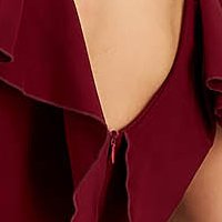 Burgundy Elastic Fabric Pencil Dress with Split Leg and Ruffles along the Neckline - StarShinerS