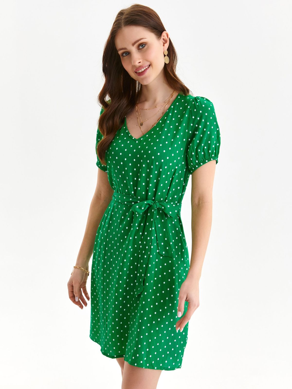 Green dress thin fabric short cut loose fit accessorized with tied waistband with puffed sleeves 1 - StarShinerS.com