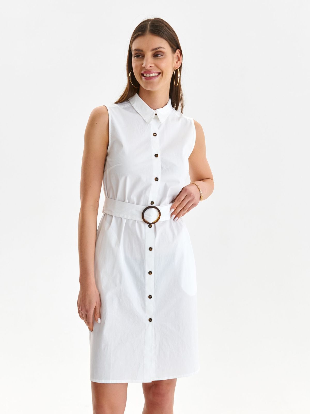 White dress short cut cotton straight accessorized with belt 1 - StarShinerS.com