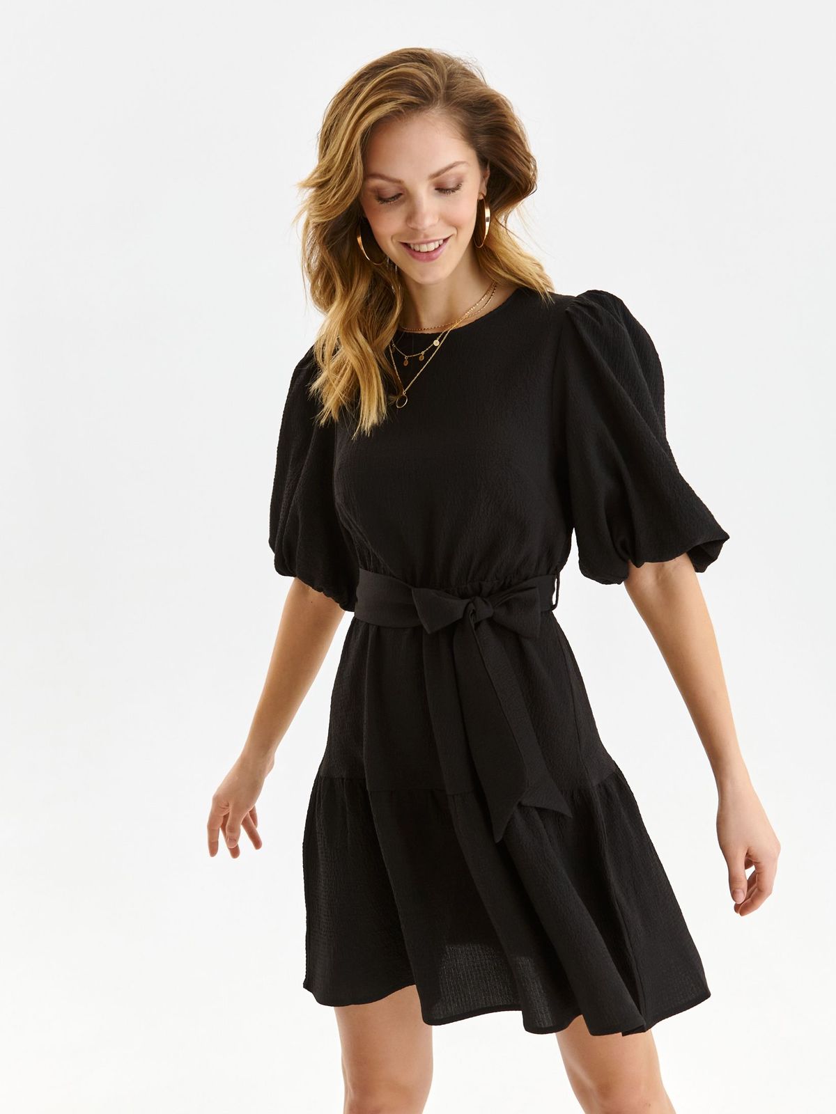 Black dress short cut cloche with elastic waist thin fabric with puffed sleeves