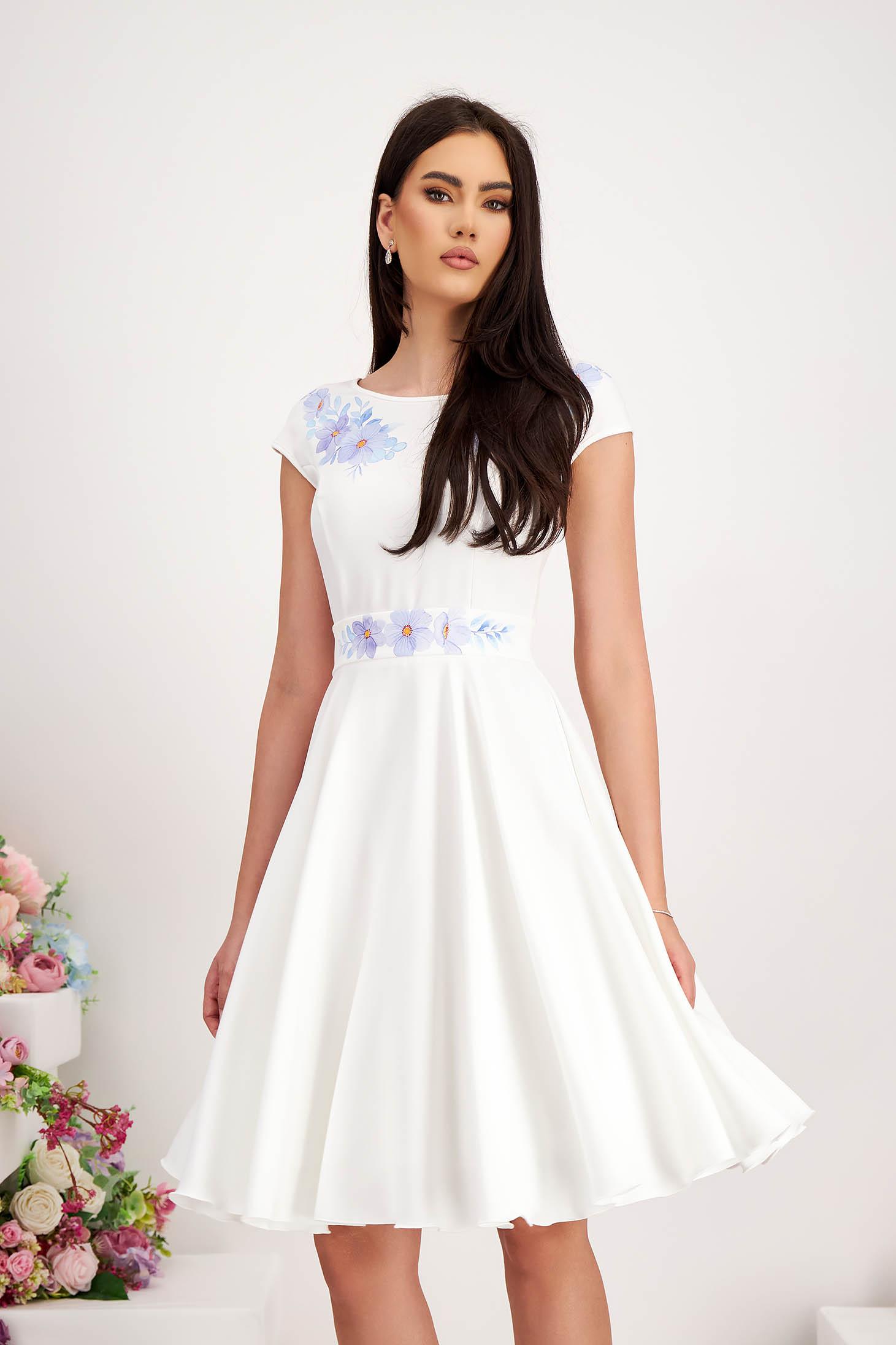 Midi white dress made from slightly elastic fabric with digital floral print - StarShinerS 1 - StarShinerS.com