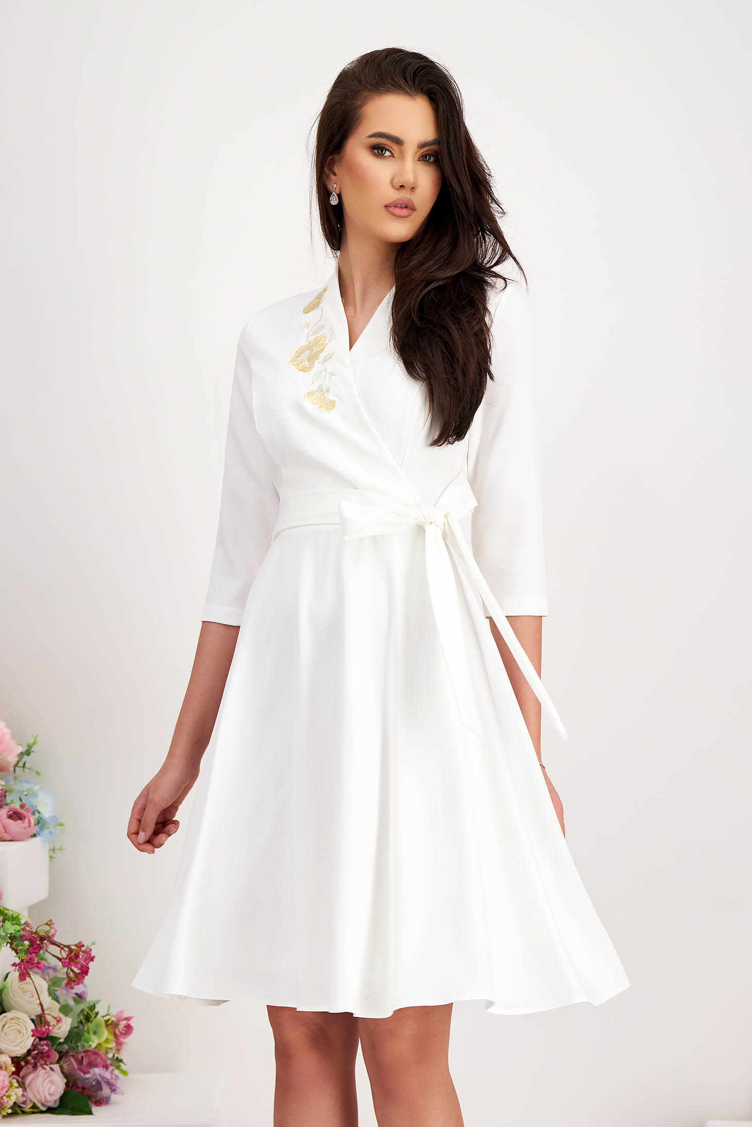 Ivory Elastic Fabric Dress in A-line with Crossover Neckline and Front Embroidery - StarShinerS