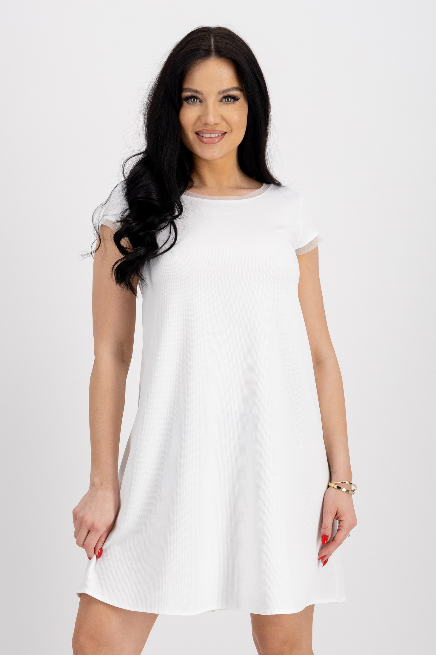 Short white crepe dress with wide cut and V-neckline at the back - StarShinerS 1 - StarShinerS.com