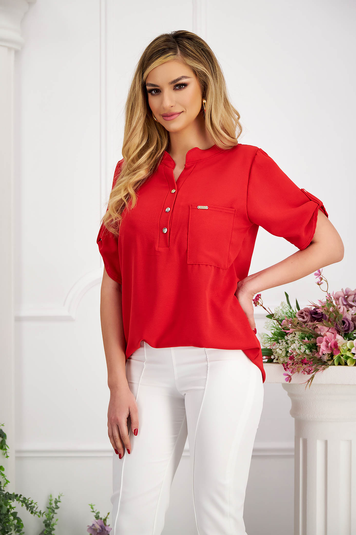 Bluza dama din voal aspect creponat rosie cu croi larg - Lady Pandora
