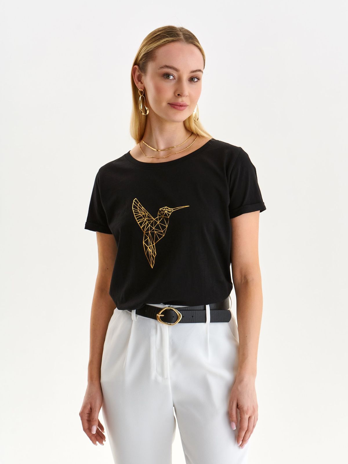 Tricou din bumbac negru cu croi larg si decolteu rotunjit - Top Secret